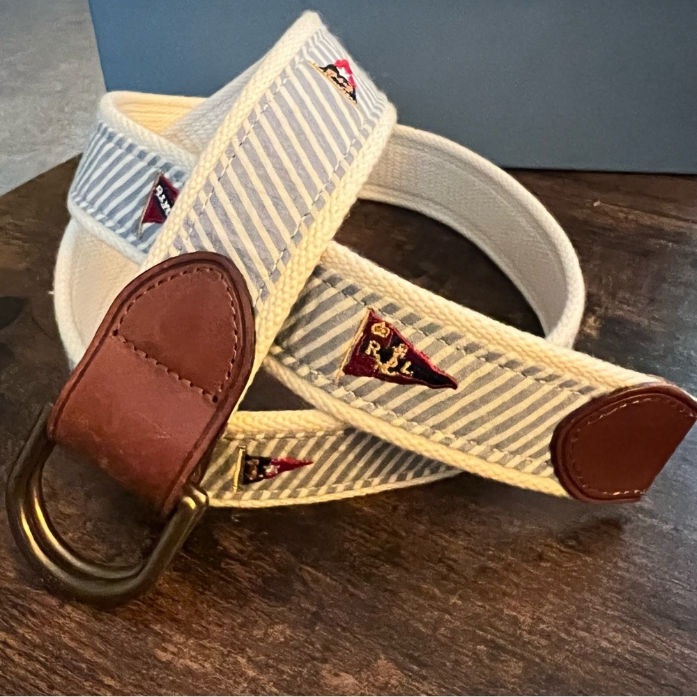 Polo Ralph Lauren Belt Embroidered Flags Seersucker Striped Blue Sailing Yacht L